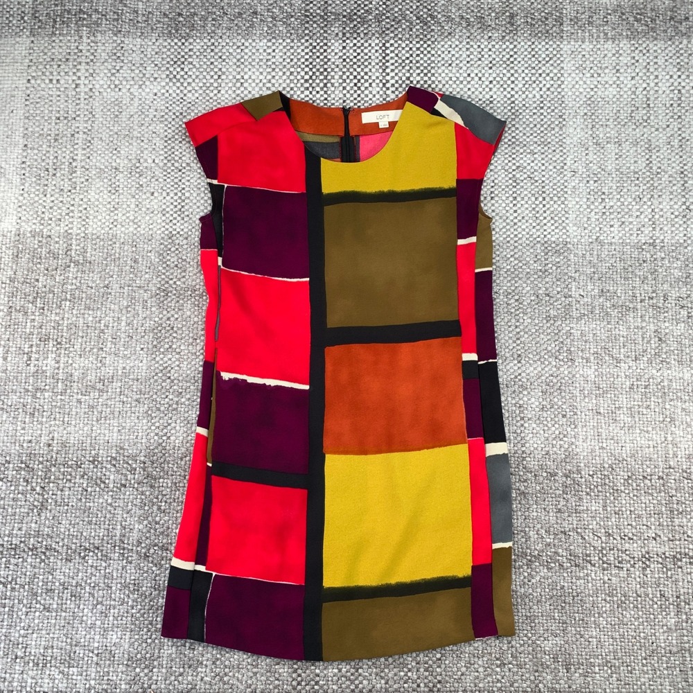 Ann Taylor LOFT Shift Dress Women 0 Multicolor Geometric Colorblock Lined Pocket